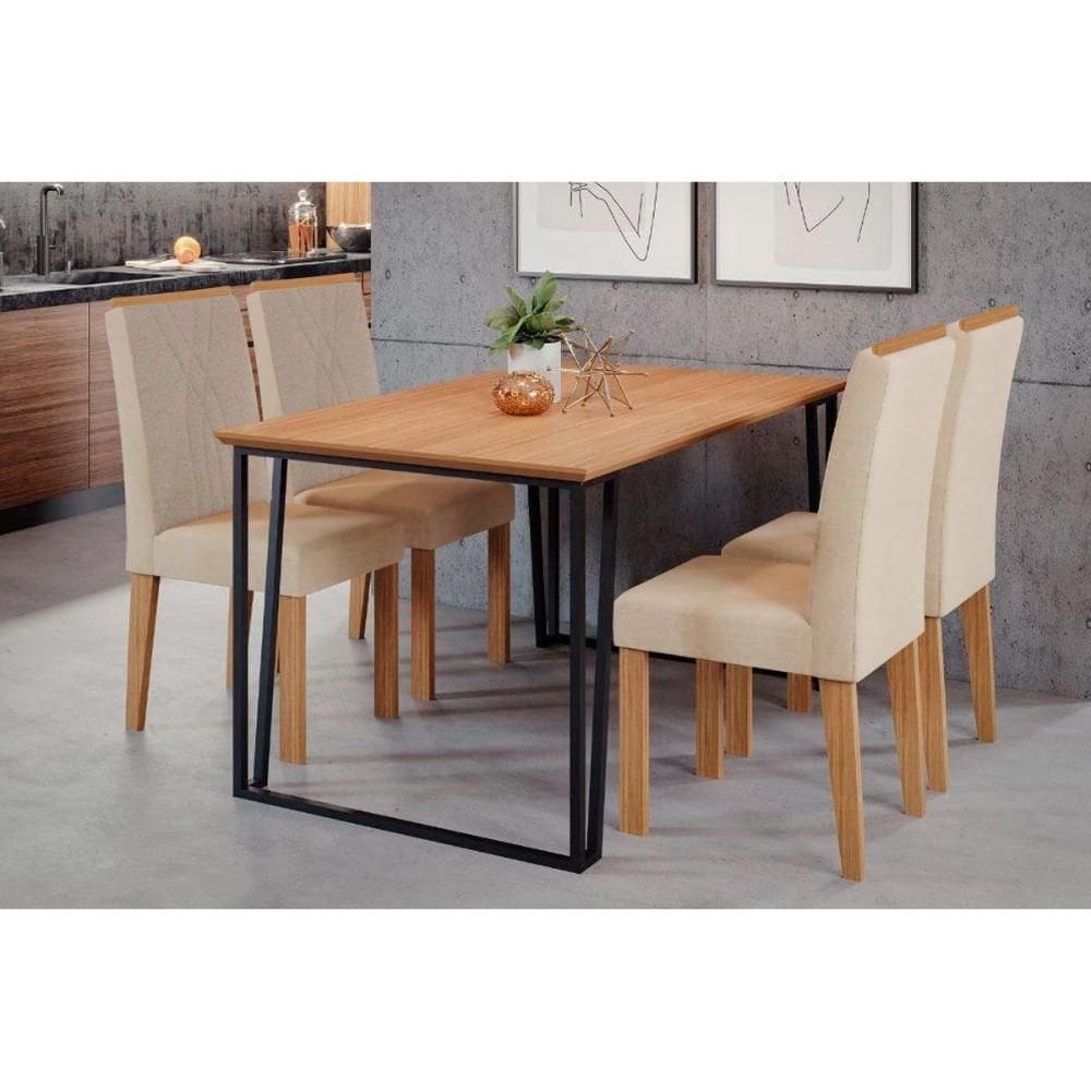 Conjunto: Mesa de Cozinha Lisa Tampo Madeirado c/ Vidro 130x80cm e 4 Cadeiras Nicole Nature-Madeirado/Suede Nude - Cimol