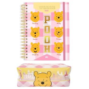Kit Material Escolar Caderno Universitário Smart Folhas Reposicionavel e Estojo Grande Ursinho Pooh