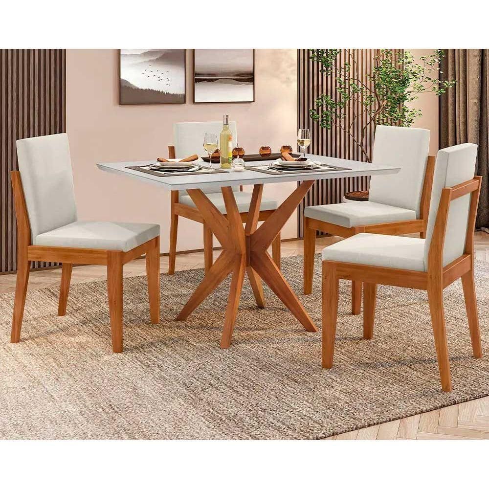 Sala de Jantar Completa Donna c/ Tampo Madeirado c/ Vidro 120cm e Cadeiras Lady 4 Un Natural - Nesher