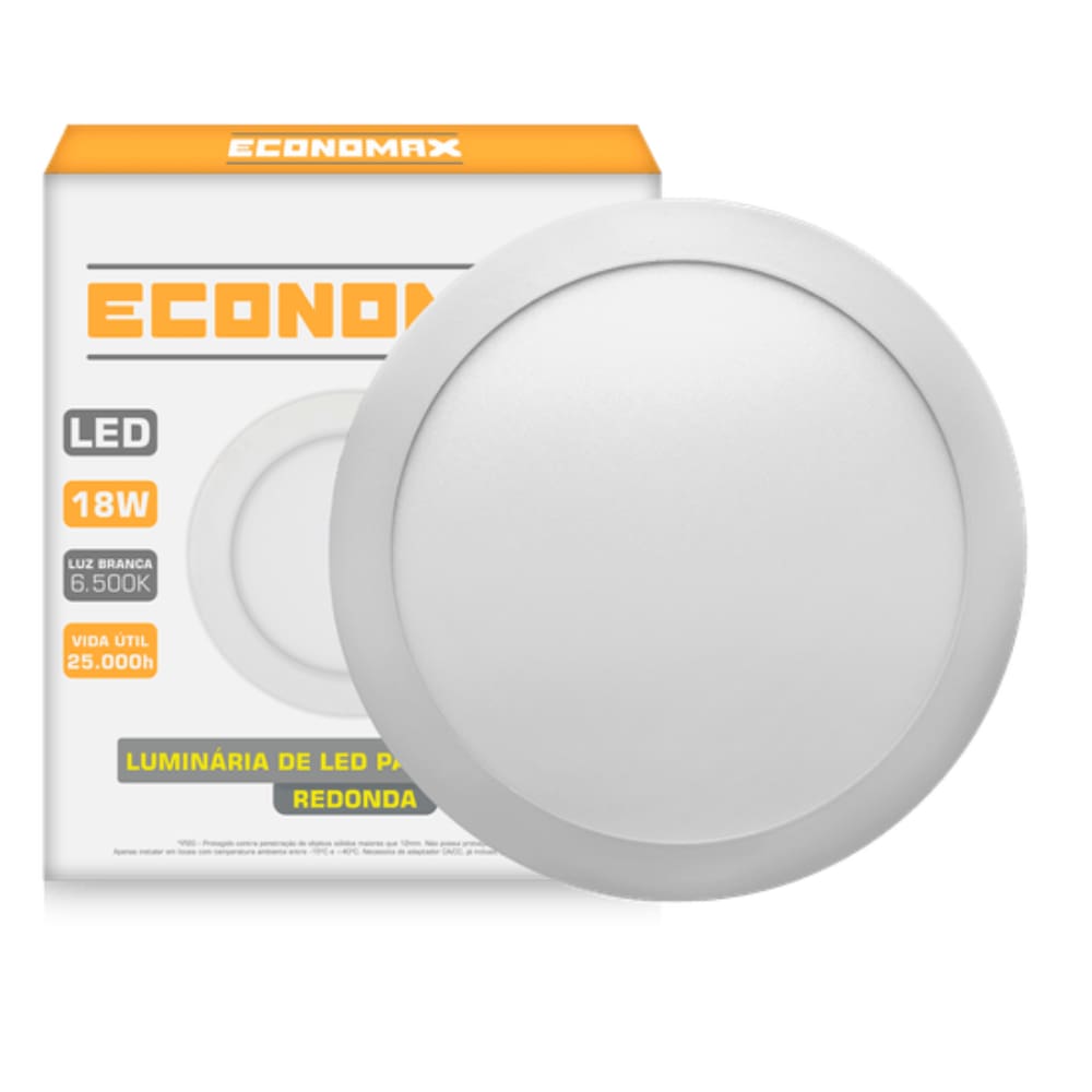 Painel Plafon 18w Redondo Sobrepor Led 6500K Branca Frio Bivolt Economax