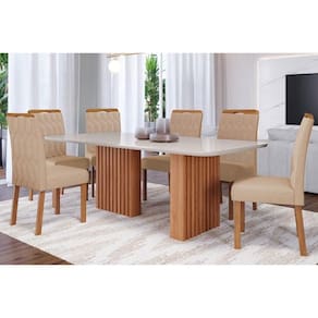 Sala de Jantar Completa Ester c/ Tampo Madeirado c/ Vidro 180x90cm e 6 Cadeiras Paola Savana/Nature-Suede Nude Bege - Cimol