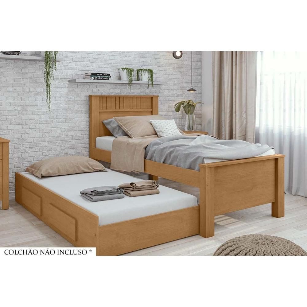 Cama Solteiro Athenas c/ 2 Gavetas e Auxiliar Amendoa/Off White-Amendoa - Lopas