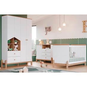 Quarto Infantil Completo Ternura 3 Peças (1 Guarda Roupa + 1 Berço + 1 Cômoda) QI79 Branco/Jequitiba - Henn