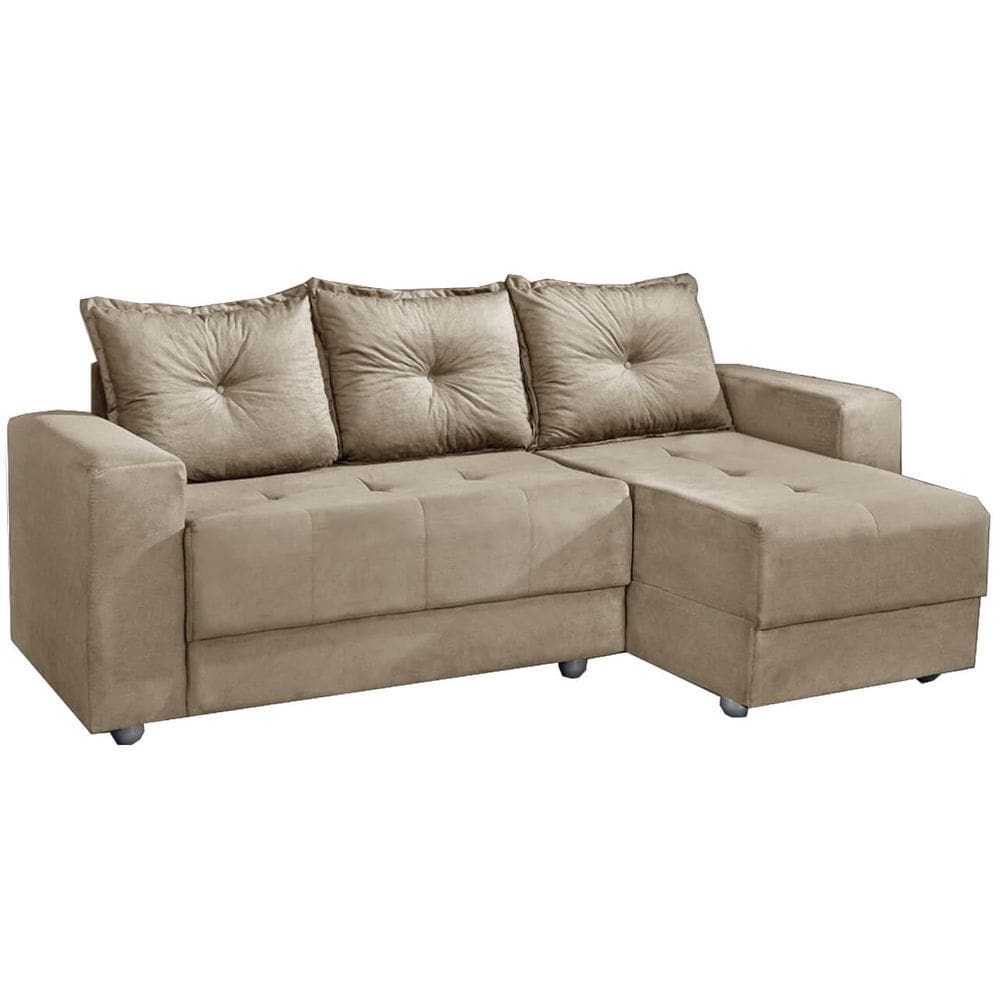 Sofá 3 Lugares com Chaise Florença Tecido Suede 200cm Cor Bege