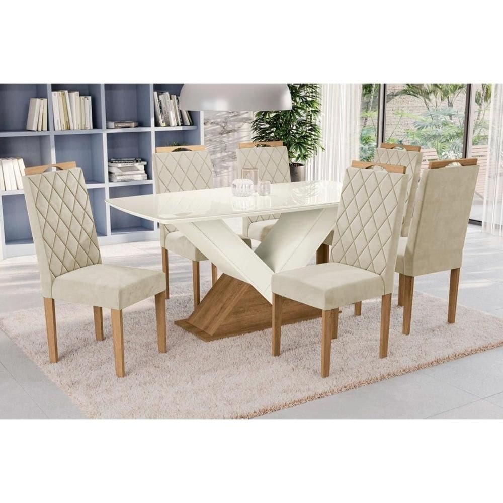 Sala de Jantar Completa Amora Tampo Madeirado c/ Vidro 90x180cm e 6 Cadeiras 2CAD153 Freijo/Off White/Vidro Off White - Eucalipto/L - Kappesberg