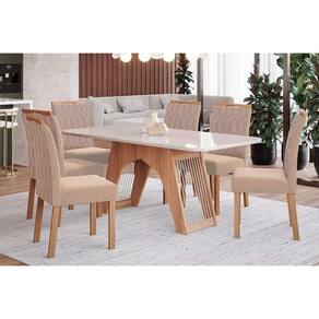 Sala de Jantar Completa Carol Tampo Madeirado c/ Vidro 180x90cm e 6 Cadeiras Paola Savana/Nature-Suede Nude Bege - Cimol