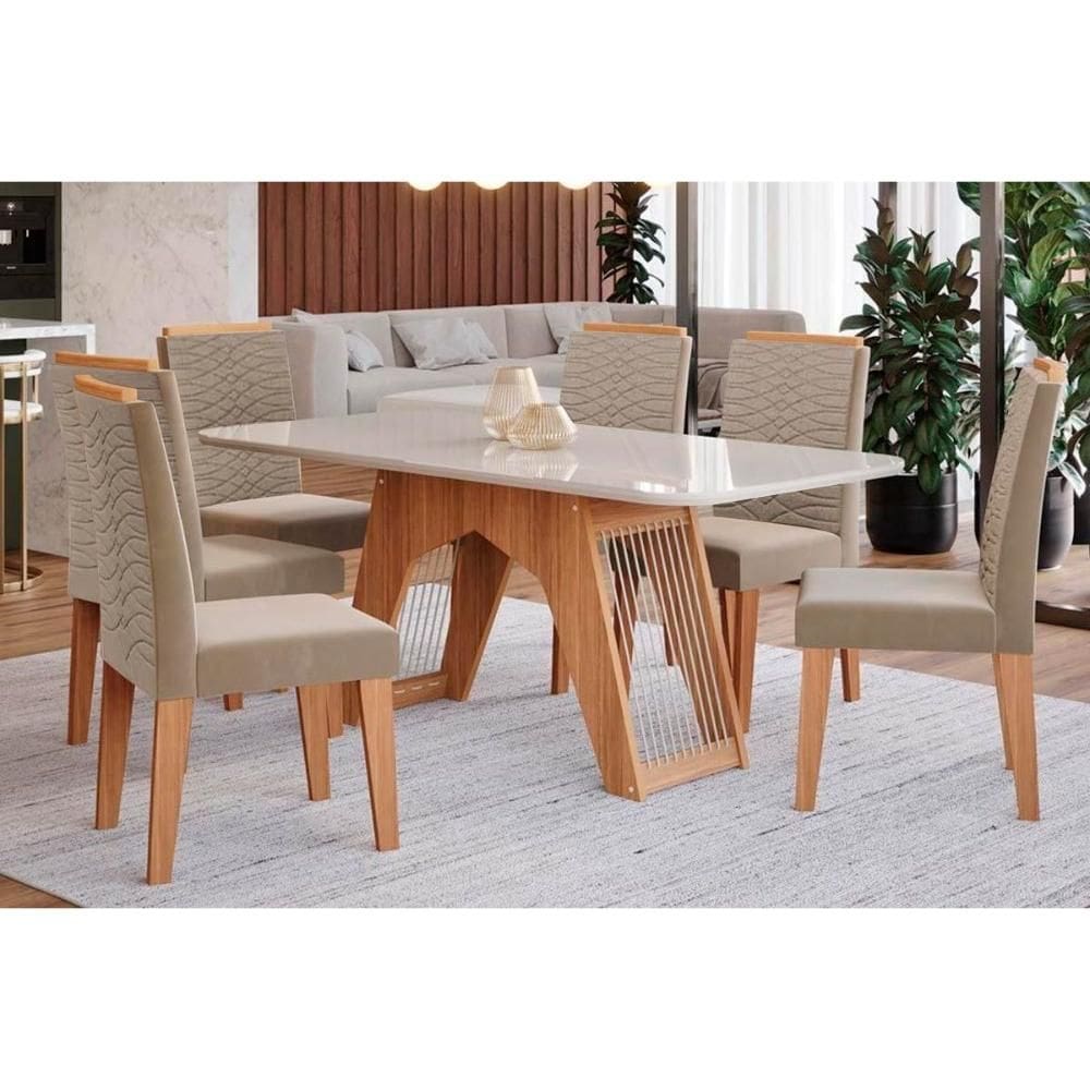 Sala de Jantar Completa Carol c/ Tampo Madeirado c/ Vidro 180x90cm e 6 Cadeiras Clarice Savana-Madeirado/Suede Joli Capuccino - Cimol