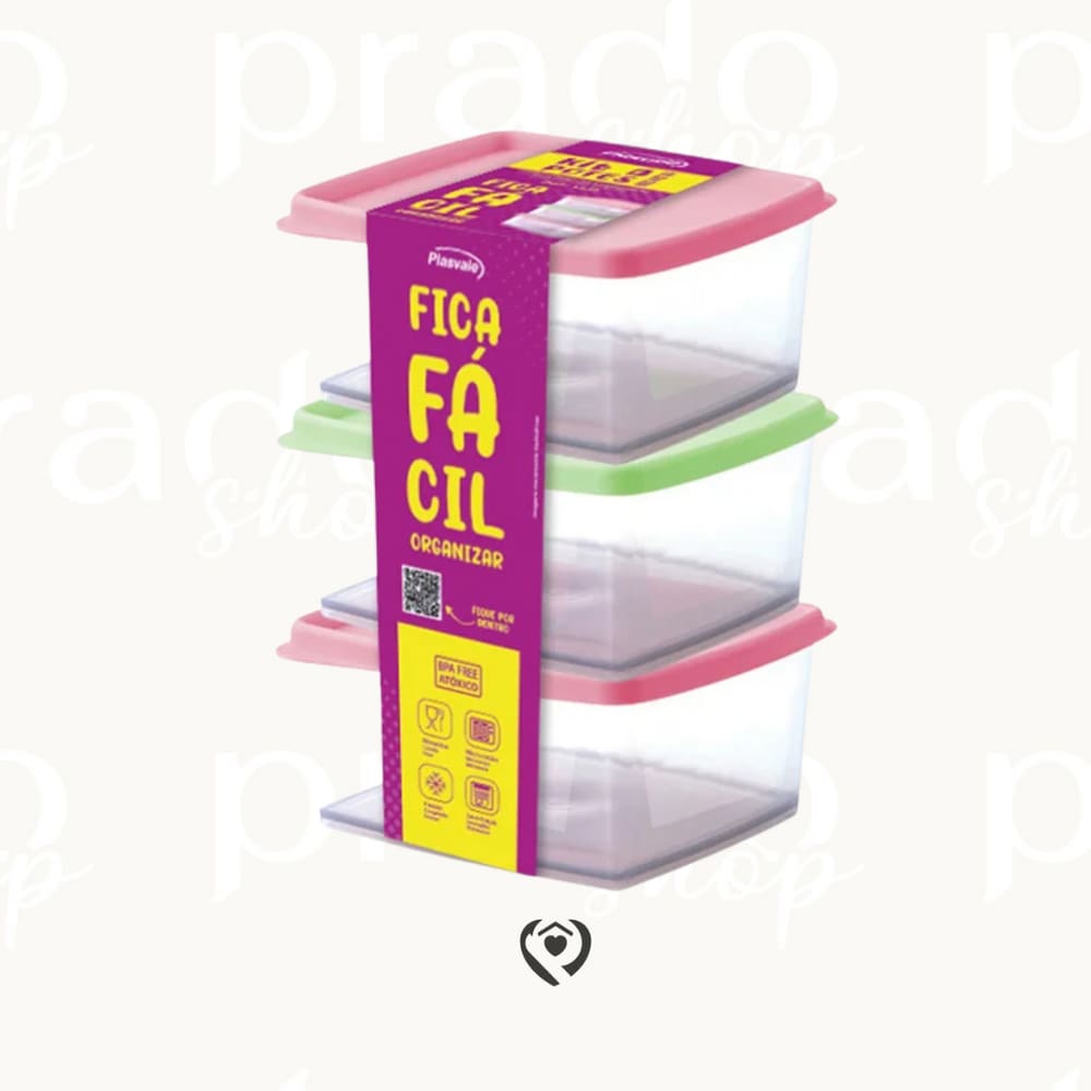 Kit 3 Potes Retangulares 500ml Plasvale