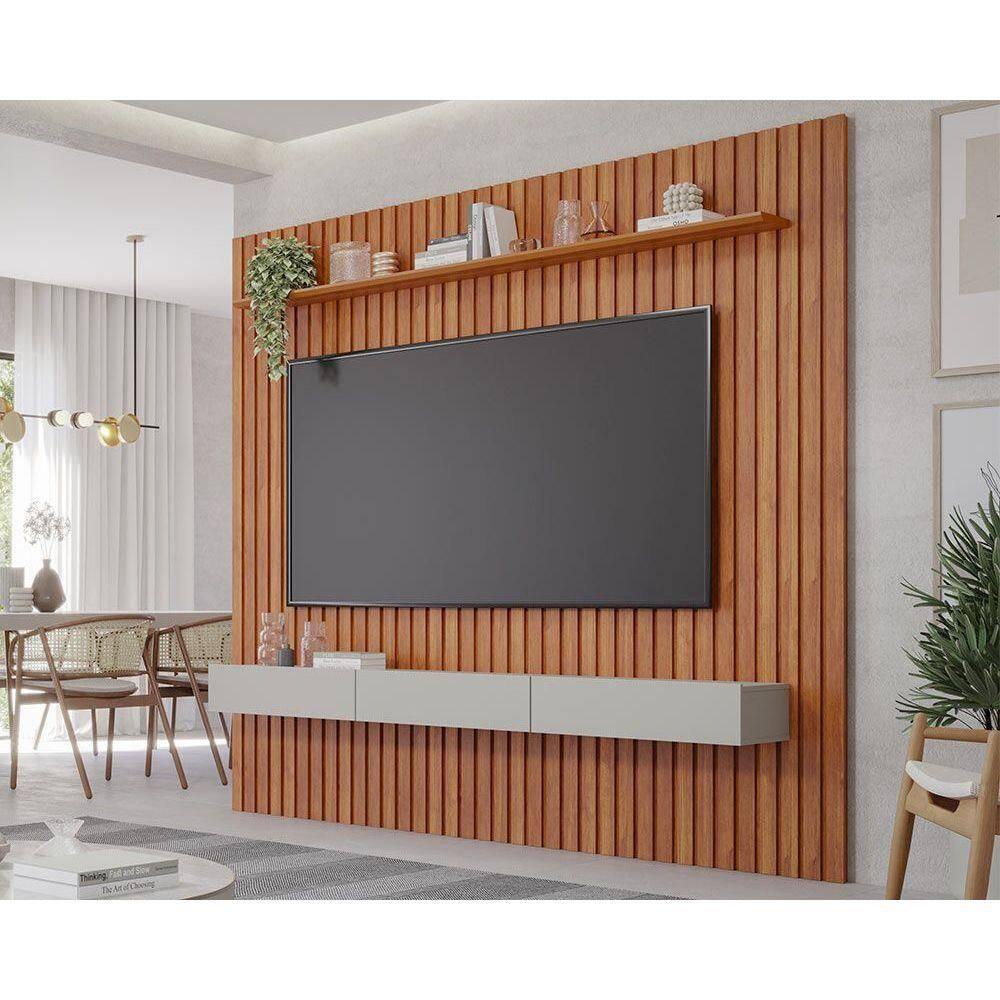 Home p/TV até 75 Pol Maragogi c/Bancada e Prateleira Ripado 230x220cm Cinamomo/Off White - Permóbili