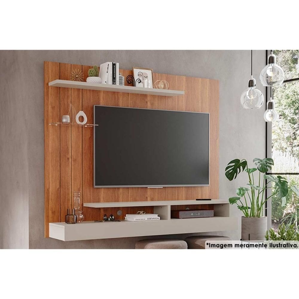 Painel Quarto p/ TV até 50 Polegadas Valência Plus c/ Prateleira e Nichos 160x135cm Cinamomo/Off White - Permóbili