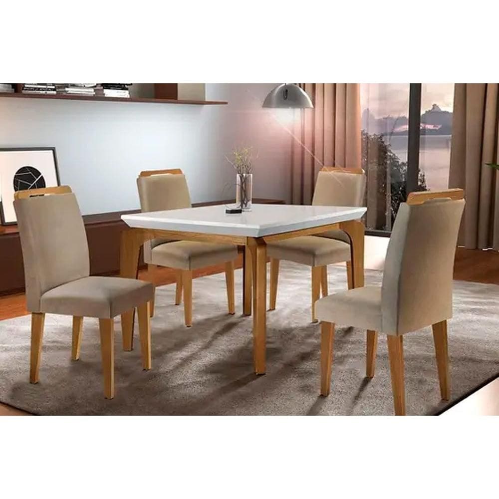 Sala de Jantar Completa Londrina Tampo Madeirado c/ Vidro 120x80cm e 4 Cadeiras Athenas Capuccino/Linho Bege Turim - Rufato