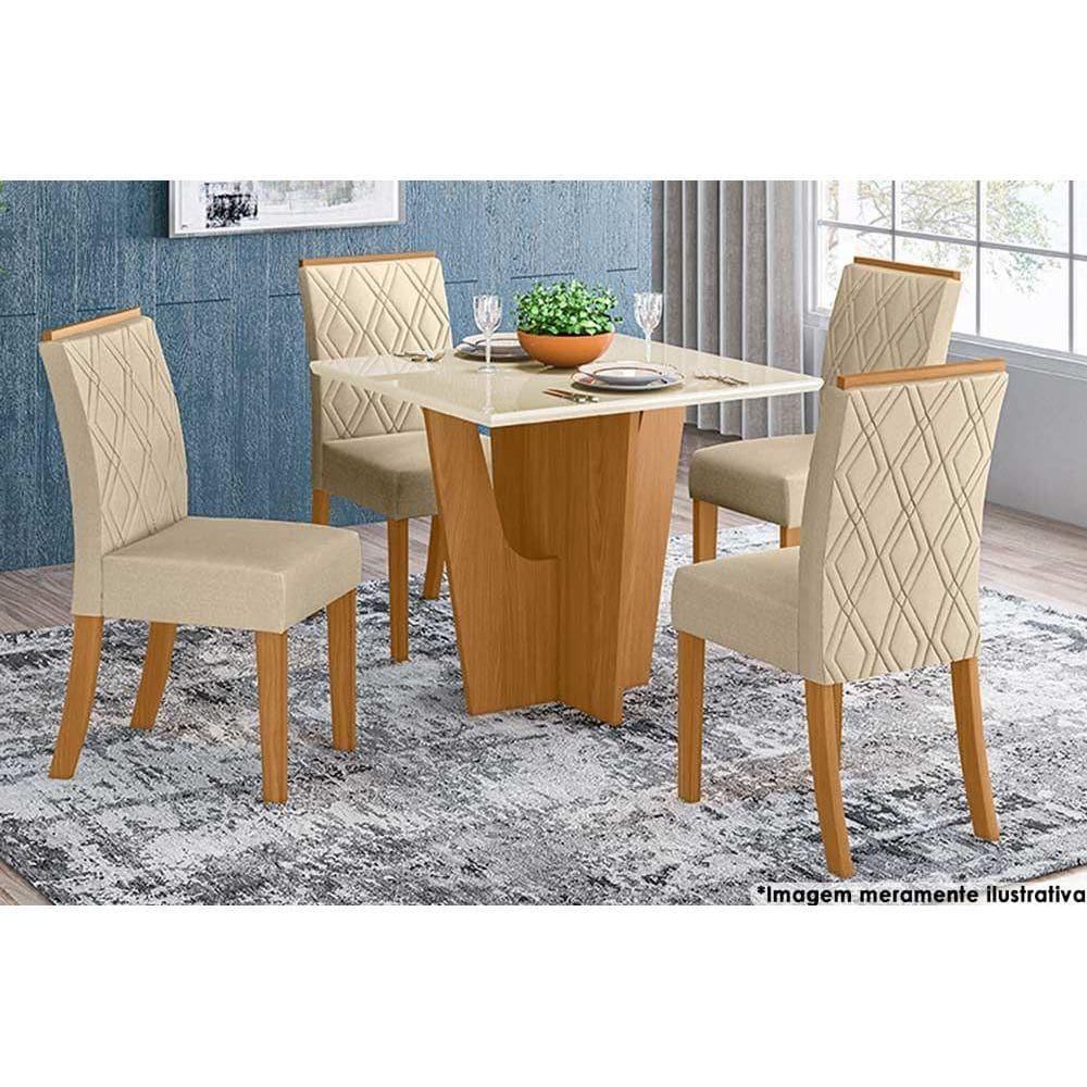 Sala de Jantar Completa Vértice Tampo Reto Madeirado c/ Vidro 90x90cm e 4 Cadeiras Vita Nature/Linho - Henn