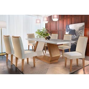 Conjunto: Mesa Sala Jantar Alvorada c/ Tampo Madeirado Canto Reto 180cm + 6 Cadeiras Lunara Imbuia/Veludo Creme - Rufato