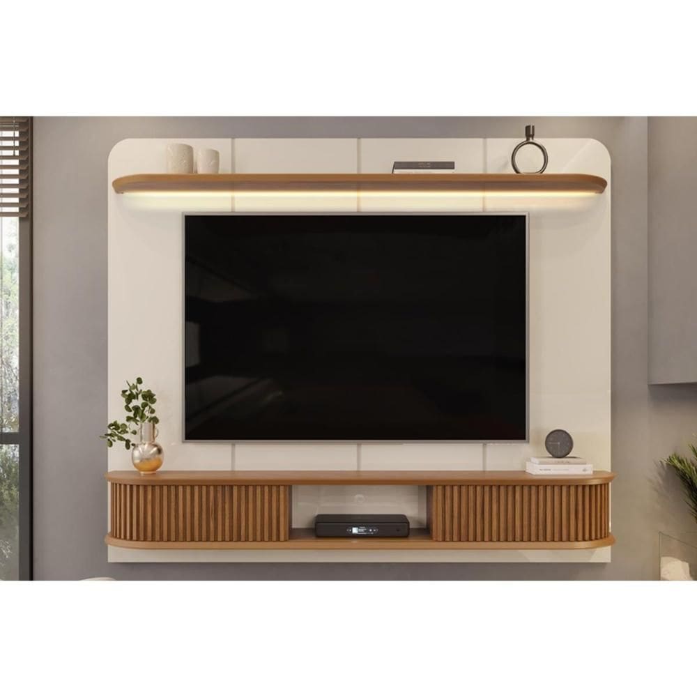 Rack Bancada c/ Painel p/ TV até 75 Pol Capri Led e 2 Portas 215x170cm Off White/Freijó - DJ Móveis