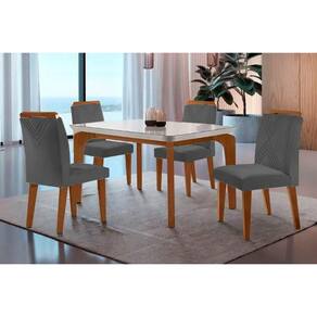 Sala de Jantar Completa Londrina Tampo Madeirado c/ Vidro Curvo 120x80 e 4 Cadeiras Amsterdã Capuccino/Suede Grafite - Rufato
