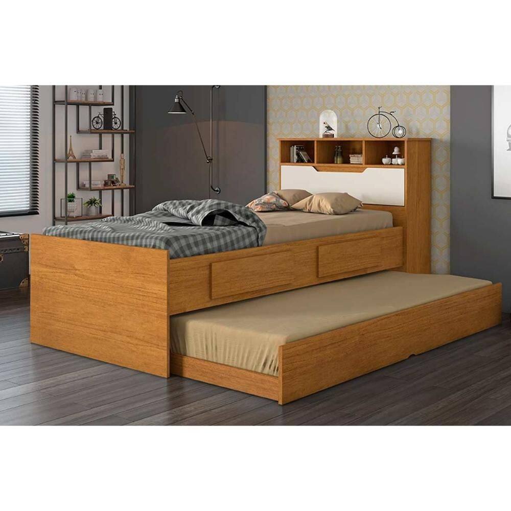 Cama Solteiro Ravena c/ 2 Gavetas e Auxiliar Cinamomo/Off White - Conquista