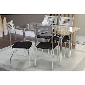 Conjunto: Mesa Sala Jantar Reno c/ Tampo de Vidro 150cm + 4 Cadeiras Nápoles 150 Cromado/Courano Preto - Kappesberg