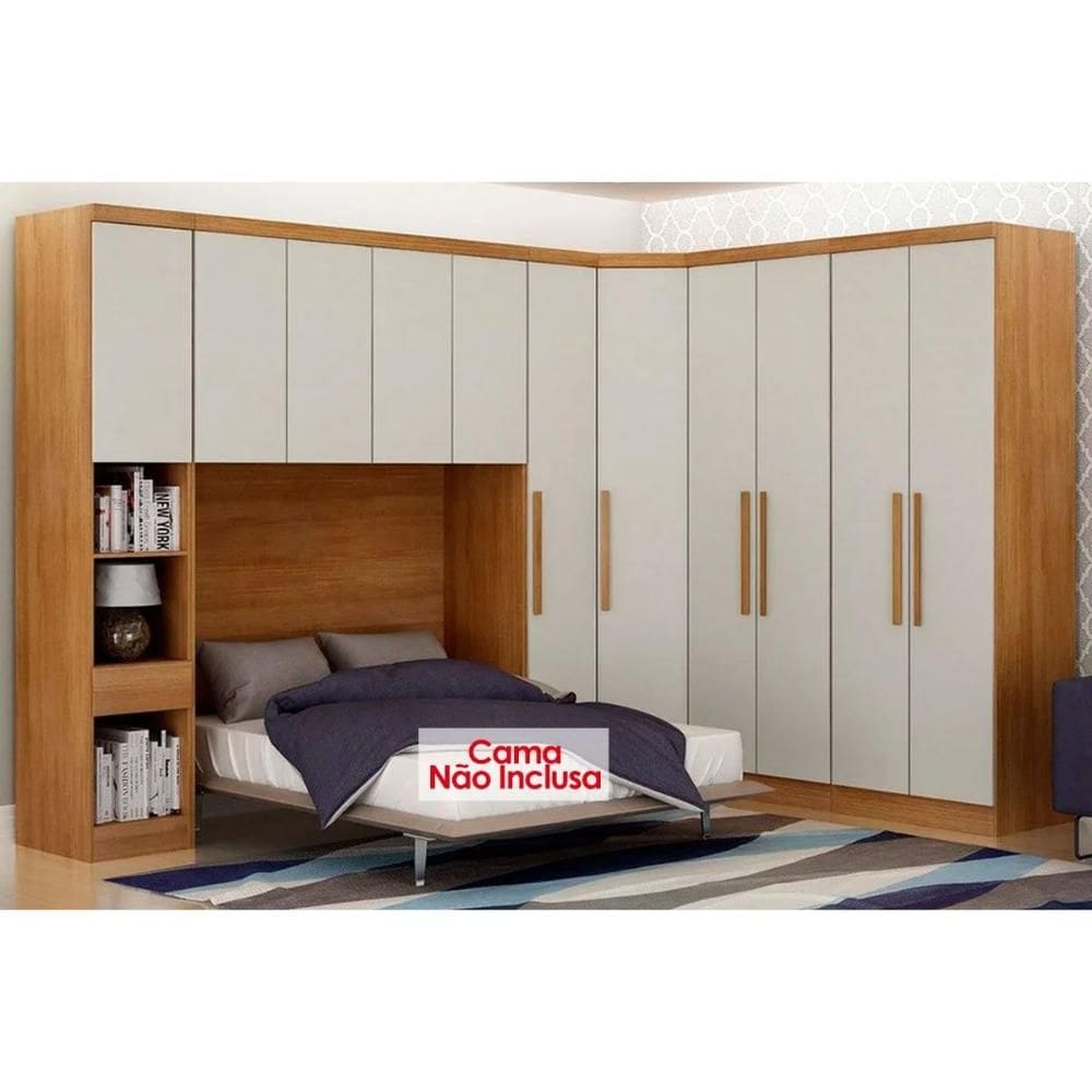 Quarto Casal Completo Rizon/Linea 5 Peças (1 Aéreo + 2 Guarda Roupas + 1 Canto Obliquo + 1 Complementos) QCM110 Cumaru/Fendi - Novo Horizonte