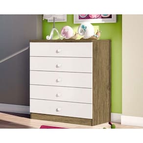 Cômoda de Quarto Bala Menta c/ 5 Gavetas Rústico/Branco - Henn