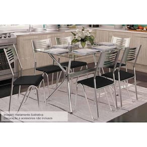 Conjunto: Mesa de Cozinha Loire c/ Tampo Vidro 120cm + 6 Cadeiras Nápoles Cromado/Courano Preto - Kappesberg