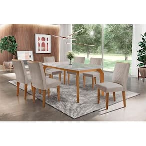 Conjunto: Mesa Sala Jantar Londrina Tampo Madeirado c/ Vidro 180cm + 6 Cadeiras Jade Imbuia/Bege - Rufato