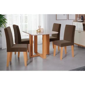 Sala de Jantar Completa Flora c/ Tampo Madeirado c/ Vidro 95x95cm e 4 Cadeiras Milena Nature/Suede Joli Chocolate - Cimol