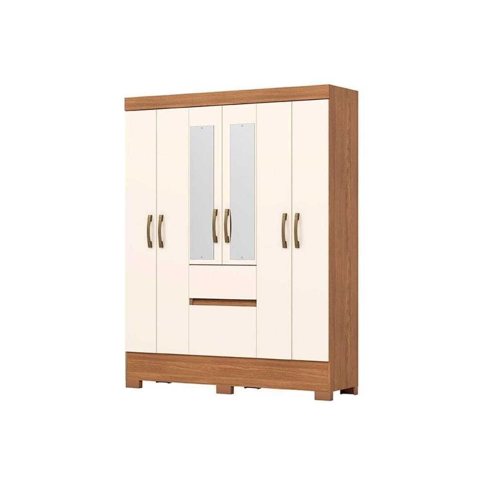 Guarda Roupa Solteiro 6 Portas (2 c/ Espelho) e 2 Gavetas c/ Pés Briz BS04 Nature/Off White - Henn