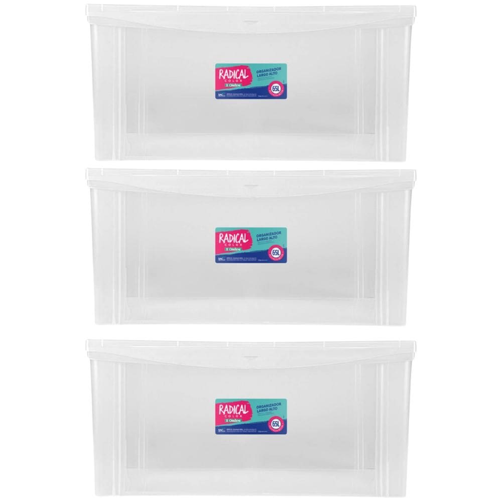 Kit 3 Caixas Máxi Organizadoras 65L Tampa com Trava Radical Incolor Multiuso