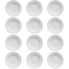 12 Pratos Fundos 23,5cm Porcelana Relevo Chevron Germer Redondo Branco