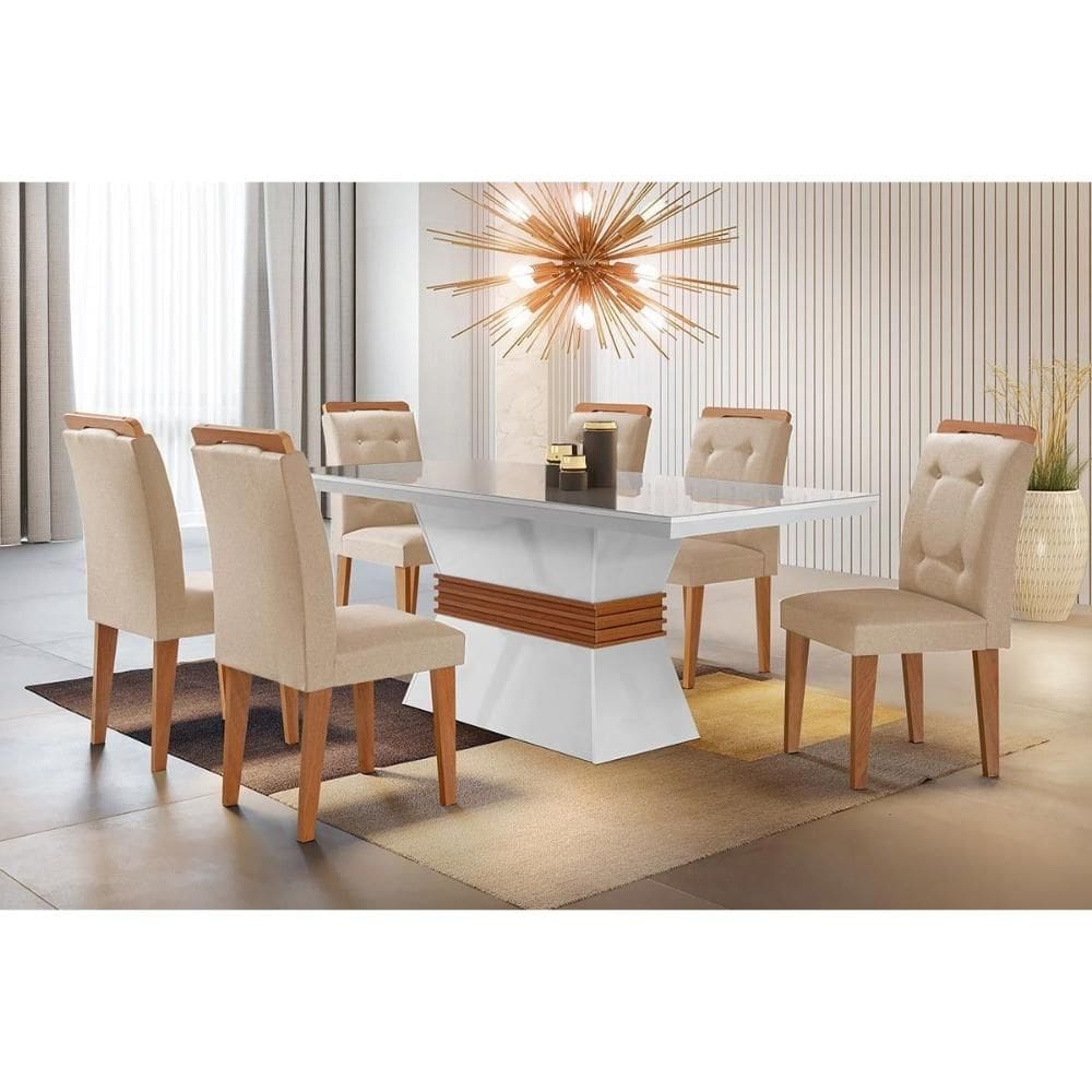 Conjunto: Mesa Sala Jantar Ágata c/ Tampo Madeirado Canto Reto 120cm + 4 Cadeiras Imperatriz Imbuia/Veludo Creme - Rufato