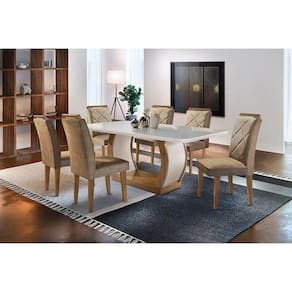Conjunto: Mesa Sala Jantar Jade c/ Tampo Madeirado c/ Vidro Canto Curvo 180cm + 6 Cadeiras Melissa Imbuia/Capuccino Chocolate - Rufato