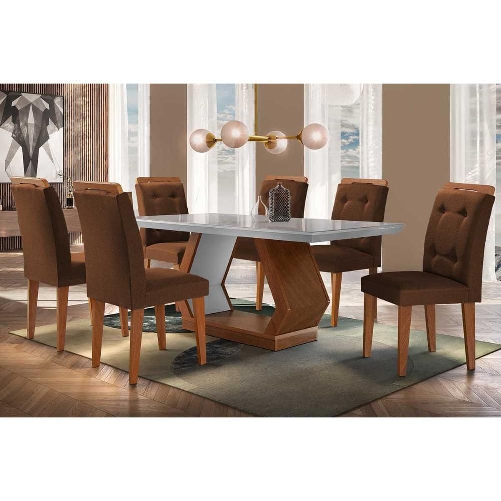 Sala de Jantar Completa Alvorada Tampo Madeirado c/ Vidro Canto Reto 180x90cm e 6 Cadeiras Imperatriz Imbuia/Off White - Suede Marrom - Rufato