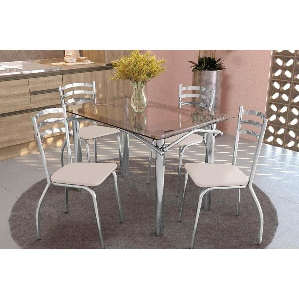 Conjunto: Mesa de Cozinha Elba c/ Tampo Vidro 120cm + 4 Cadeiras Portugal Cromado/Courano Branco - Kappesberg