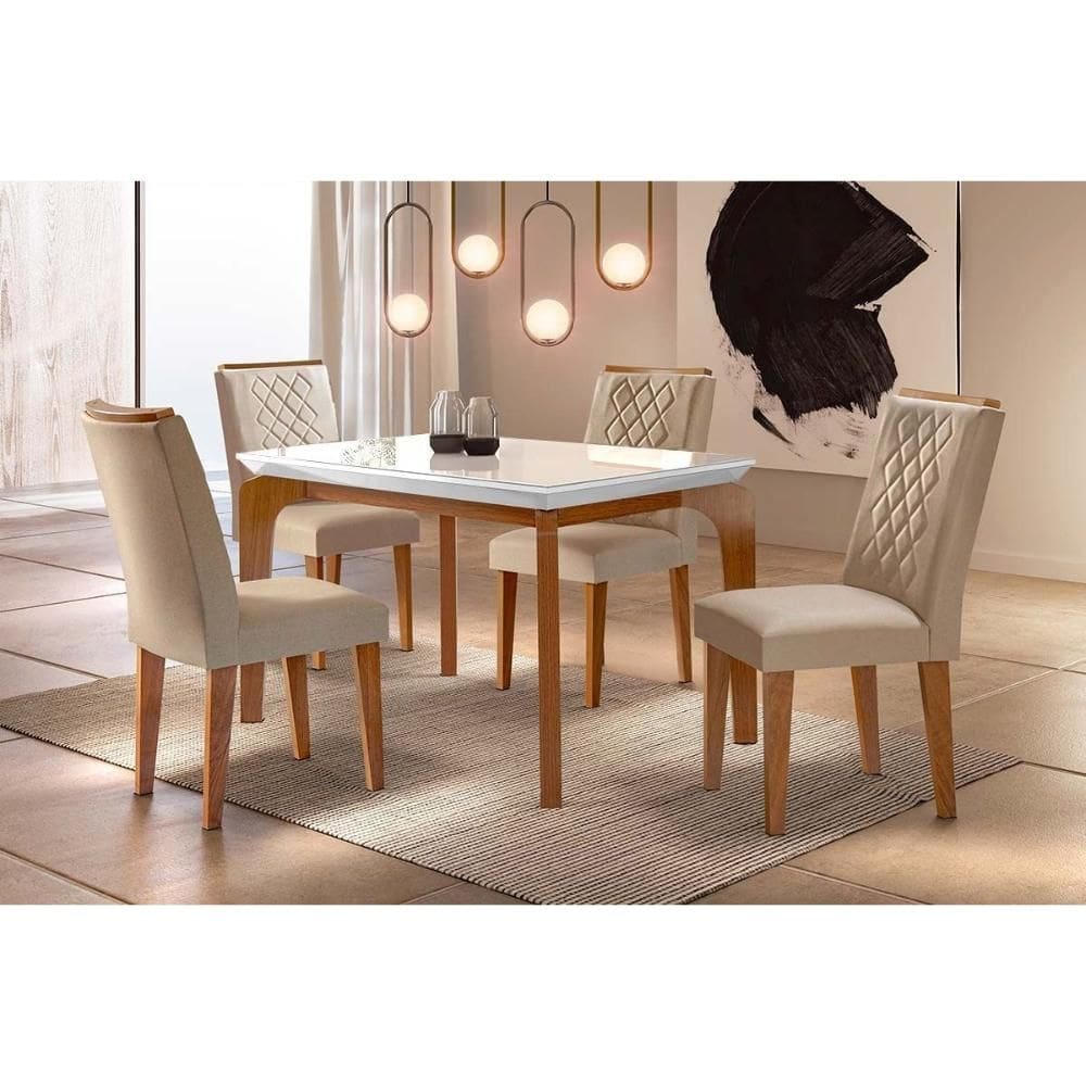 Conjunto: Mesa Sala Jantar Londrina c/ Tampo Madeirado c/ Vidro 120cm + 4 Cadeiras Jade Imbuia/Veludo Creme - Rufato