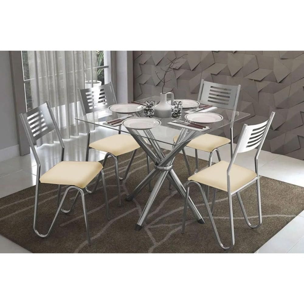 Conjunto: Mesa Sala Jantar Volga c/ Tampo de Vidro 90cm+4 Cadeiras Nápoles Cromado/Courano Nude - Kappesberg