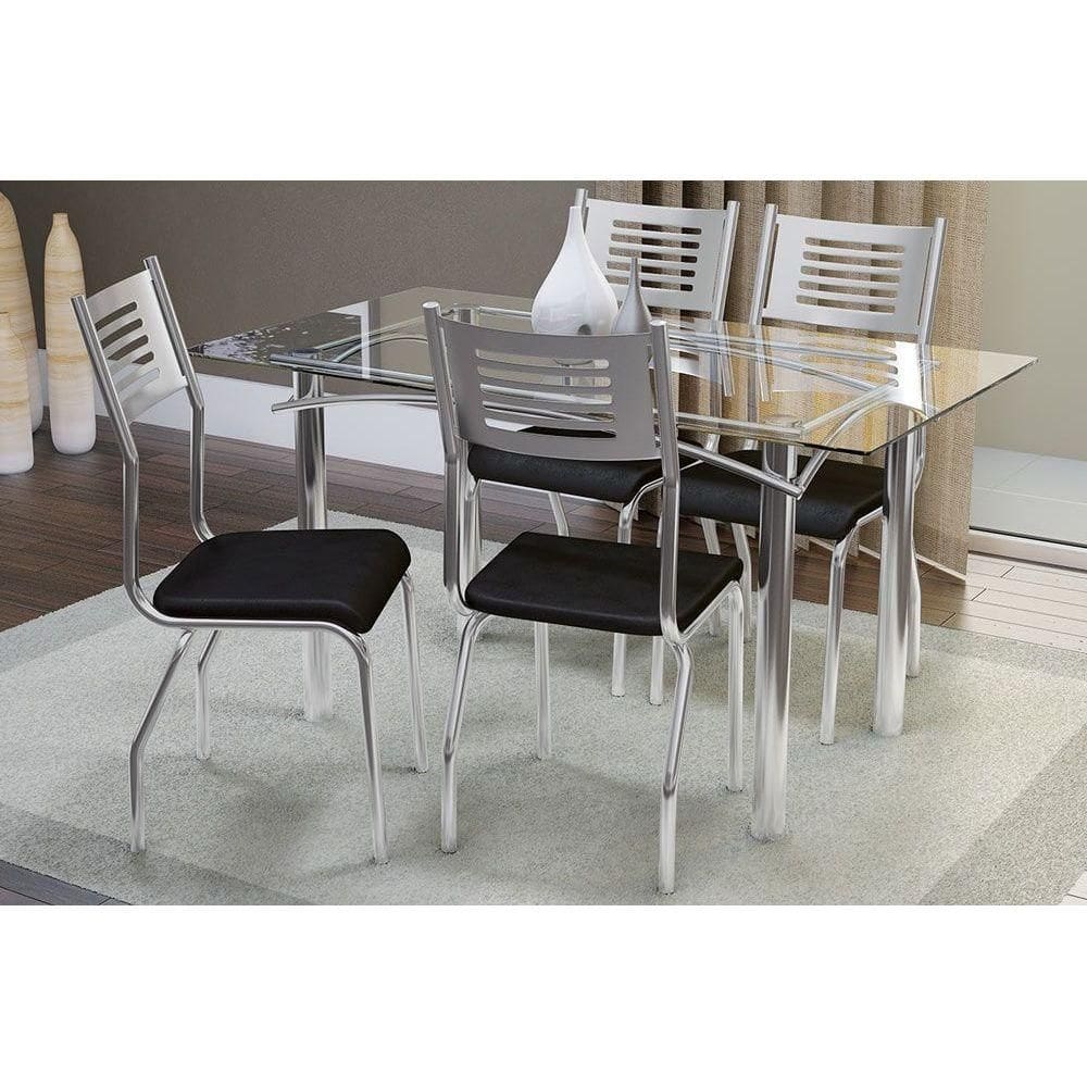 Conjunto: Mesa de Cozinha Reno c/ Tampo Vidro 150cm + 4 Cadeiras Nápoles 150 Cromado/Courano Preto - Kappesberg