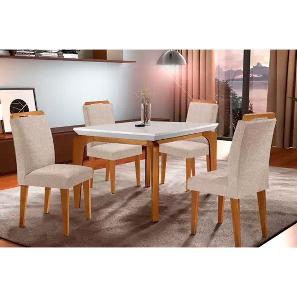 Conjunto: Mesa Sala Jantar Londrina Tampo Madeirado c/ Vidro 120cm + 4 Cadeiras Athenas Imbuia/Bege - Rufato