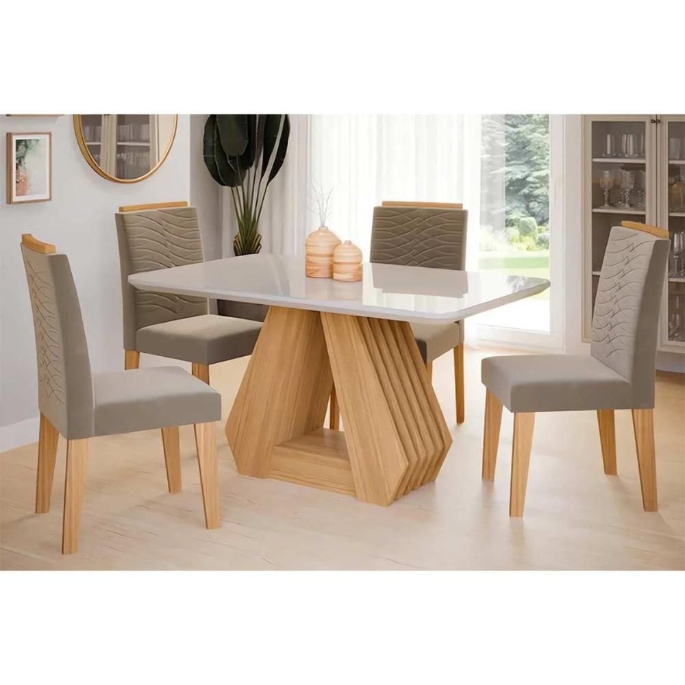 Sala de Jantar Completa Ágata Tampo Madeirado c/ Vidro 130x80cm e 4 Cadeiras Clarice Nature/Suede Joli Chocolate - Cimol