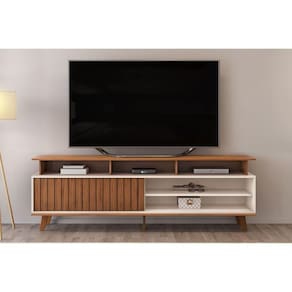 Rack Bancada p/ TV até 70 Pol Flow Ripado c/ 1 Porta 180x60cm Freijó/Off White - DJ Móveis