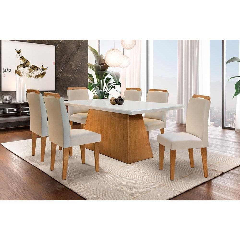 Sala de Jantar Completa Luna c/ Tampo Madeirado c/ Vidro Canto Reto 180cm + 6 Cadeiras Athenas Imbuia -Capuccino/Suede Creme - Rufato