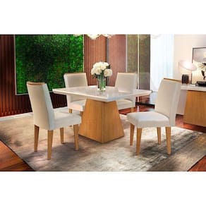Conjunto: Mesa Sala Jantar Luna c/ Tampo Madeirado Canto Reto 120cm + 4 Cadeiras Lunara Imbuia/Veludo Creme - Rufato