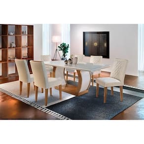 Conjunto: Mesa Sala Jantar Jade c/ Tampo Madeirado c/ Vidro Canto Reto 180cm + 6 Cadeiras Jade Imbuia/OW/Creme - Rufato