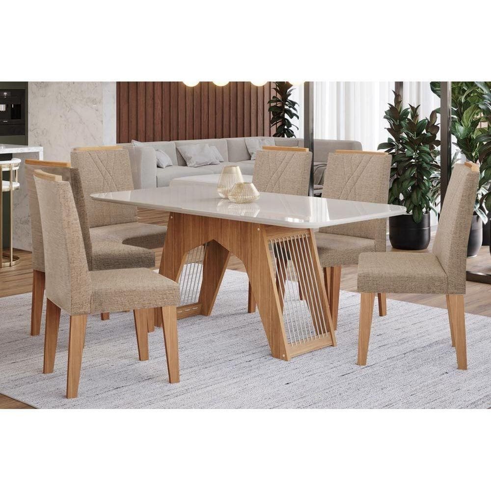 Sala de Jantar Completa Carol Tampo Madeirado c/ Vidro 180x90cm e 6 Cadeiras Nicole Nature-Madeirado/Off White-Linho Bege - Cimol