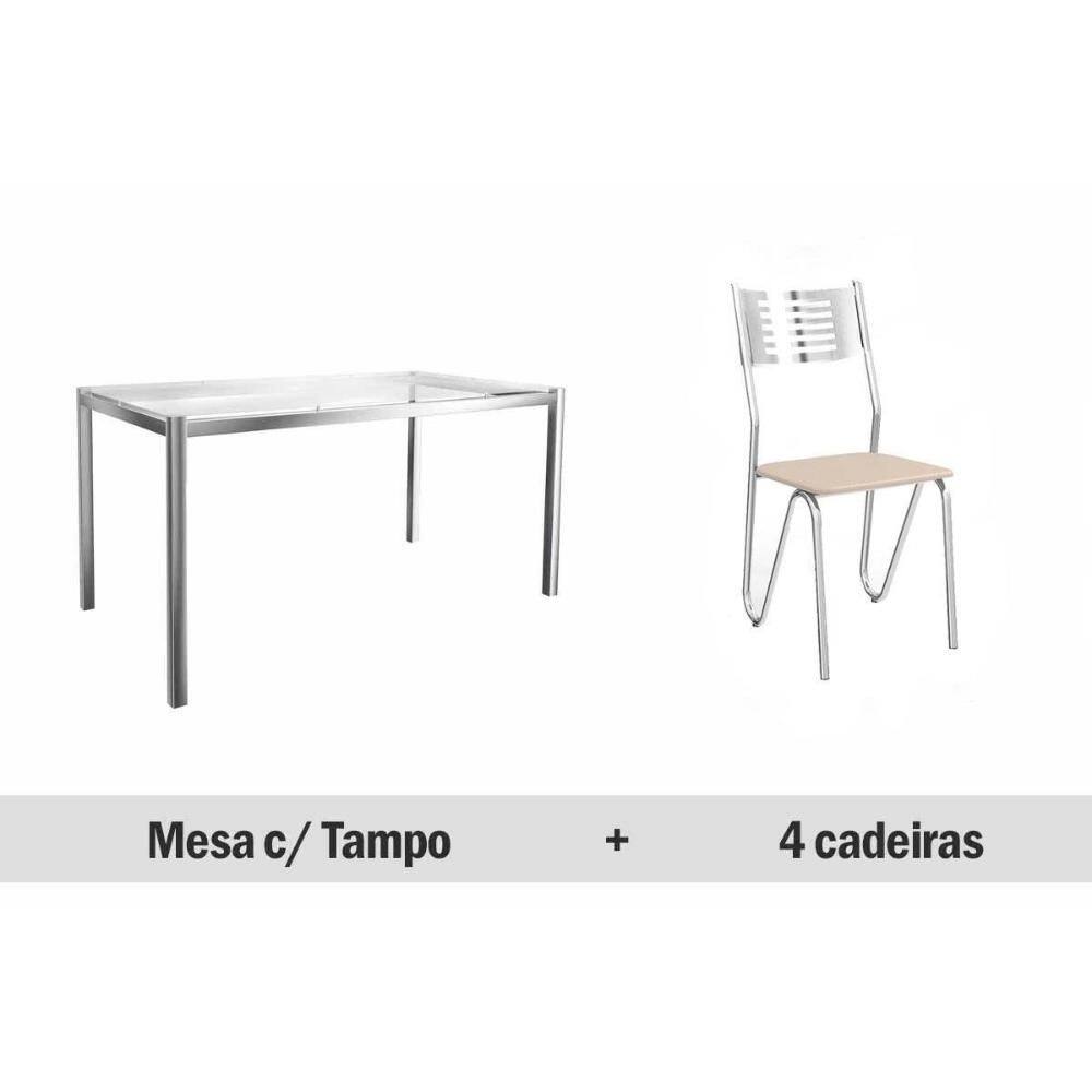 Conjunto: Mesa de Cozinha Reno c/ Tampo Vidro 150cm + 4 Cadeiras Nápoles 150 Cromado/Courano Nude - Kappesberg