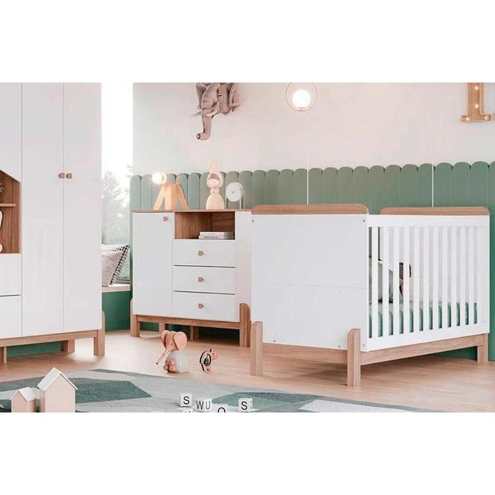 Quarto Infantil Completo Ternura 2 Peças (1 Cômoda + 1 Berço) QI92 Branco/Jequitiba - Henn
