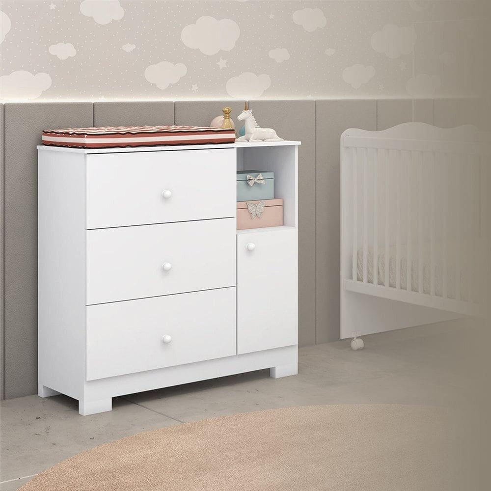 Cômoda Infantil Flofy com Pés, 1 Porta, 3 Gavetas com Corrediças Telescópica Branco