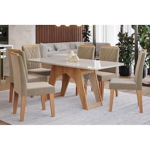 Sala de Jantar Completa Carol c/ Tampo Madeirado c/ Vidro 180cm + 6 Cadeiras Nicole Nature/Off White/Madeira/Joli - Cimol