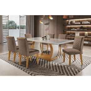Conjunto: Mesa Sala Jantar Jade c/ Tampo Madeirado c/ Vidro Canto Curvo 180cm + 6 Cadeiras Jade Imbuia/Chocolate Capuccino - Rufato