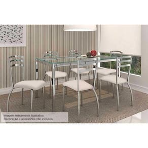 Conjunto: Mesa Sala Jantar Reno c/ Tampo de Vidro 150cm + 6 Cadeiras Portugal Cromado/Courano Nude - Kappesberg