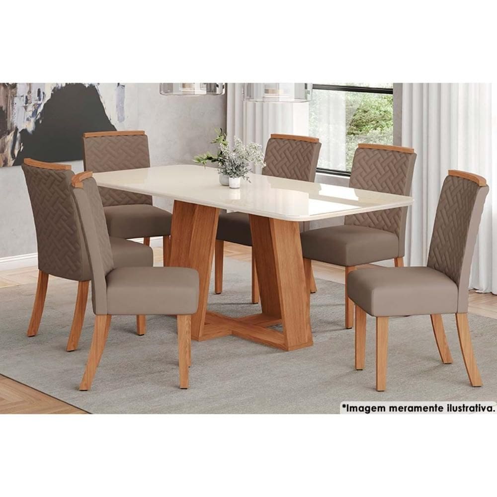 Sala de Jantar Completa Lins c/ Tampo Madeirado c/ Vidro Curvo 200x90cm e 6 Cadeiras Malu Nature/Suede Light Marrom Amendoa - Henn